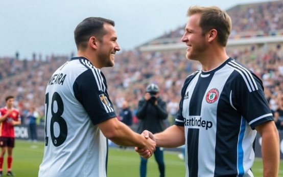 Ryan Meara and Jack Lynn shake hands on the field.