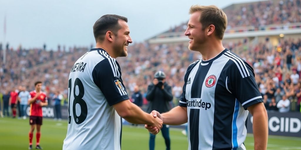 Ryan Meara and Jack Lynn shake hands on the field.