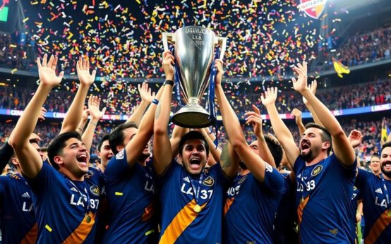 LA Galaxy players celebrating with the MLS Cup trophy.