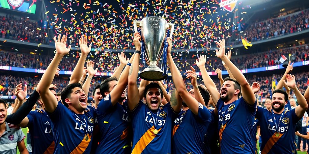 LA Galaxy players celebrating with the MLS Cup trophy.