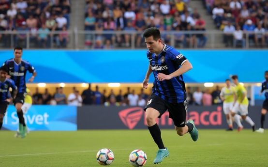 Lionel Messi dribbling the ball in preseason match.