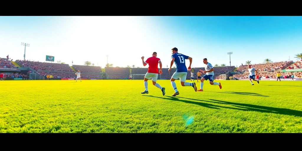 Soccer players competing on a sunny field.