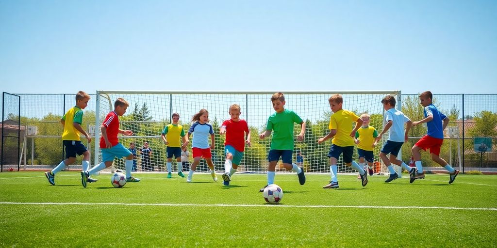 Young soccer players training on a sunny field.