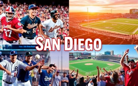 Collage of San Diego's iconic sports teams in action.