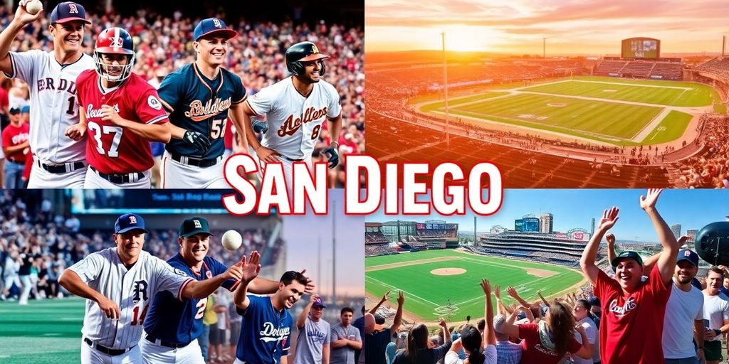 Collage of San Diego's iconic sports teams in action.