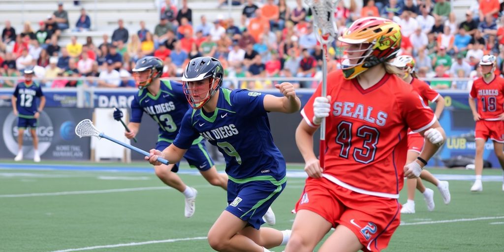 San Diego Seals players competing in a lacrosse game.