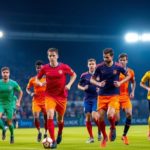 Soccer players in colorful kits on a lively field.