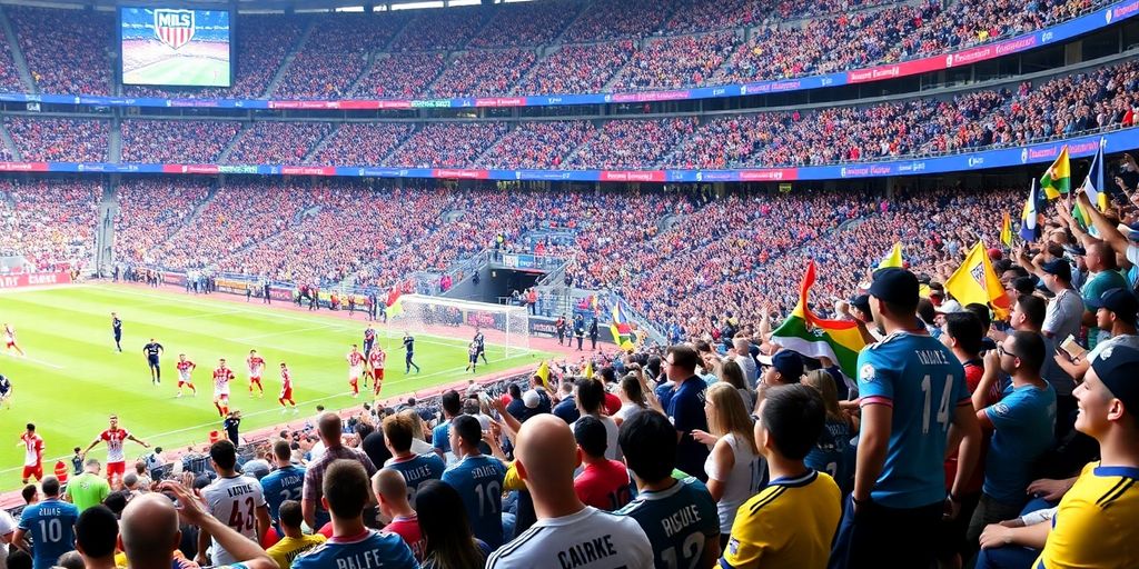 MLS players in action with cheering fans in stadium.