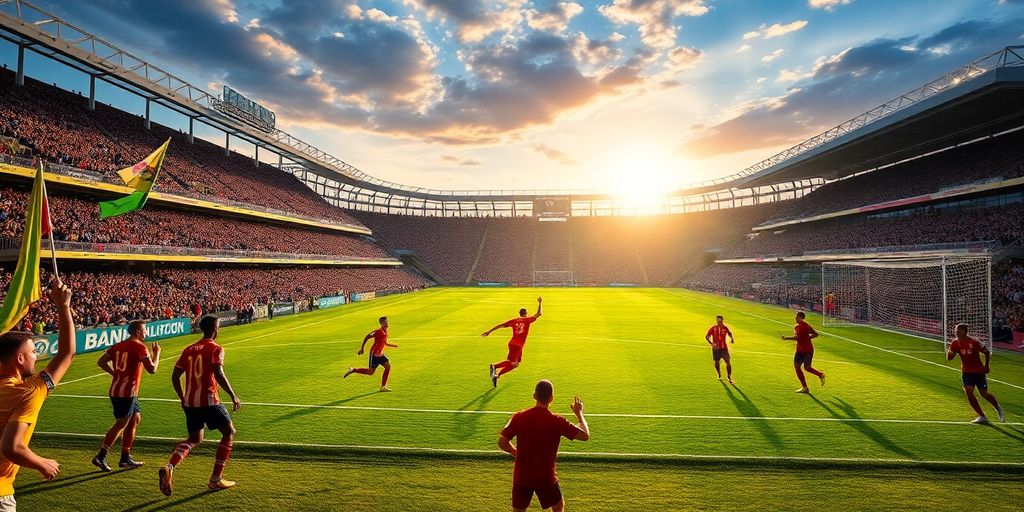 Soccer players in action with fans in the stadium.