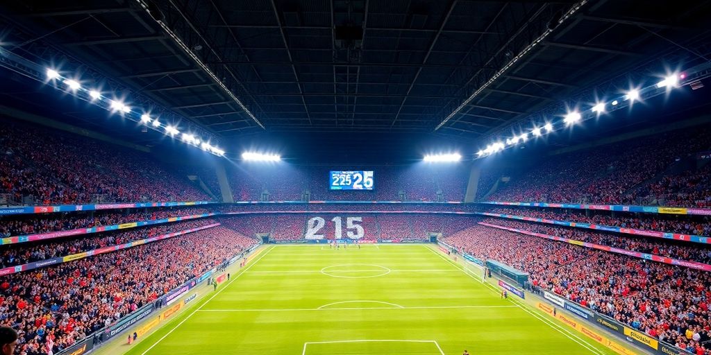 Excited fans in a modern soccer stadium during a game.