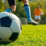 Soccer ball on a field with players in action.