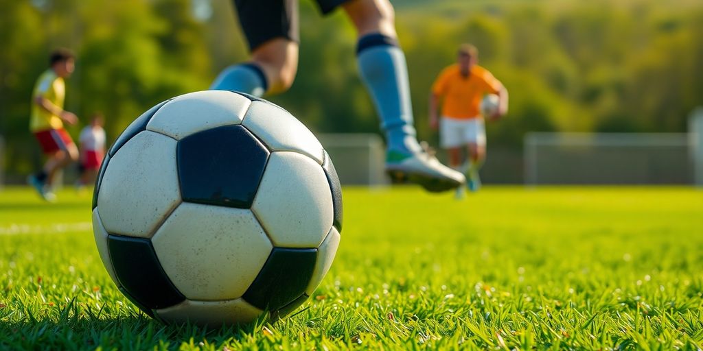 Soccer ball on a field with players in action.