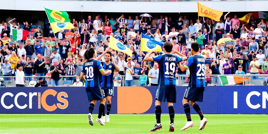 San Diego FC players celebrating a goal with fans.