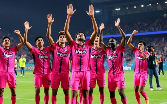 Inter Miami players celebrate penalty shootout victory in Peru.