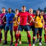 Athletes in colorful custom team uniforms on a field.