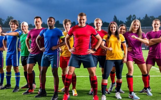 Athletes in colorful custom team uniforms on a field.