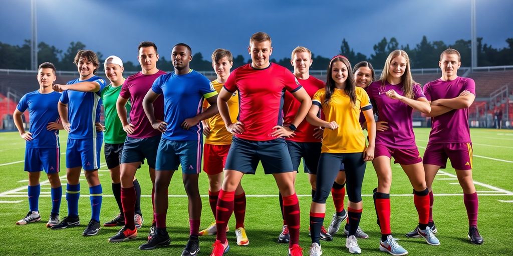 Athletes in colorful custom team uniforms on a field.