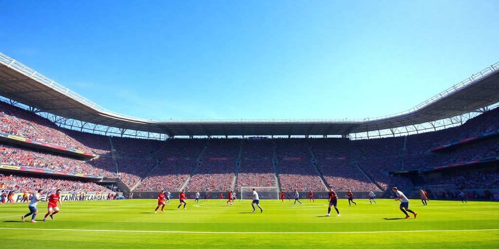 Soccer players compete on a lively green field.