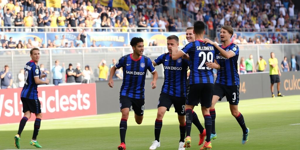 San Diego FC players celebrating a goal during a match.