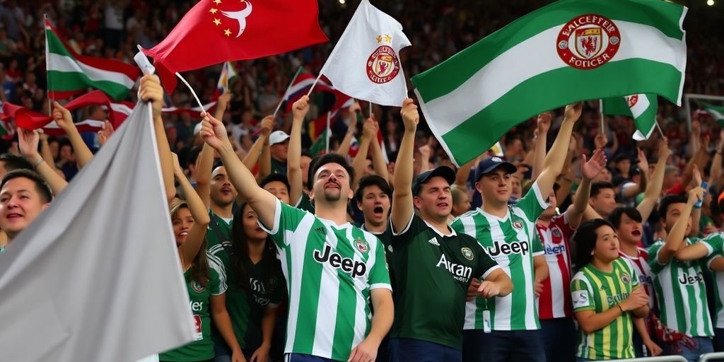 Soccer fans cheering in a packed stadium.