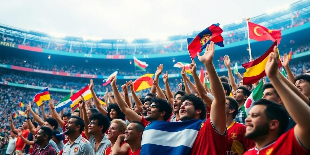 Diverse fans celebrating at a global football event.