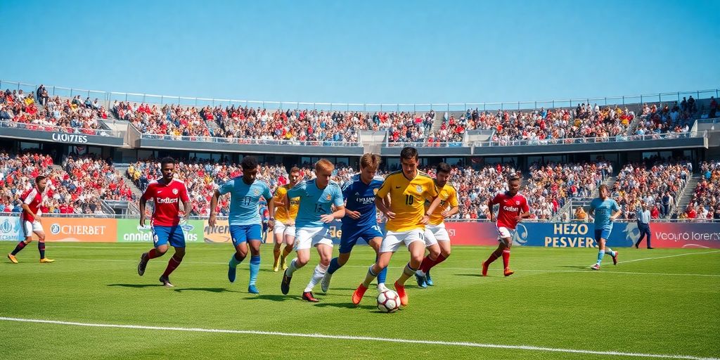 Diverse soccer players on a field with fans cheering.