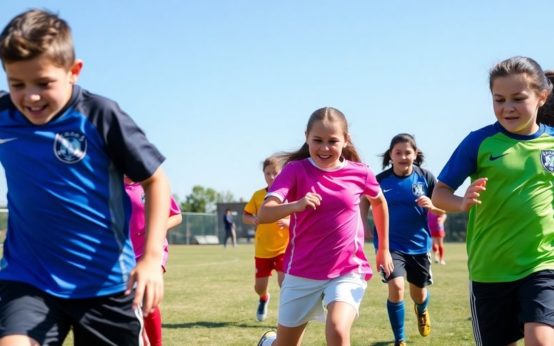 Youth soccer players in action on a sunny field.