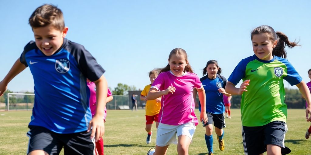 Youth soccer players in action on a sunny field.