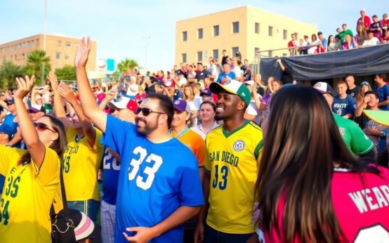 Fans cheering at a San Diego sports event.