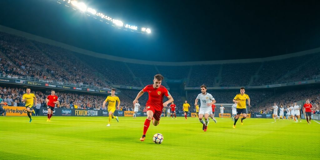 Soccer players competing on a vibrant green field.