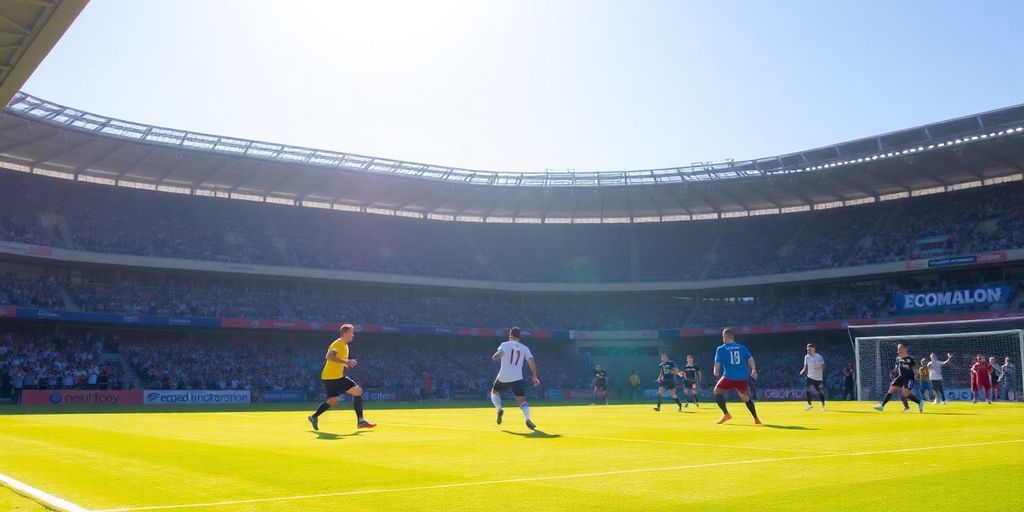 Soccer players in action on a vibrant field.