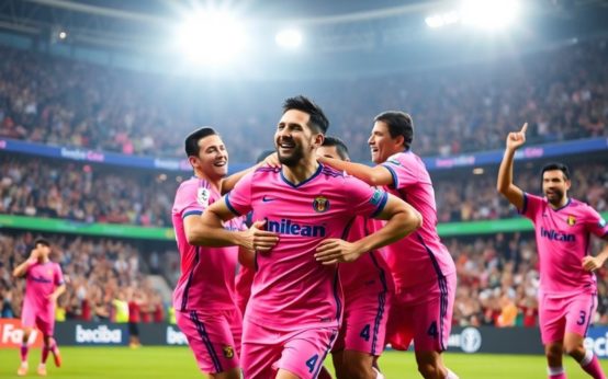 Lionel Messi celebrating a goal with teammates in Miami.