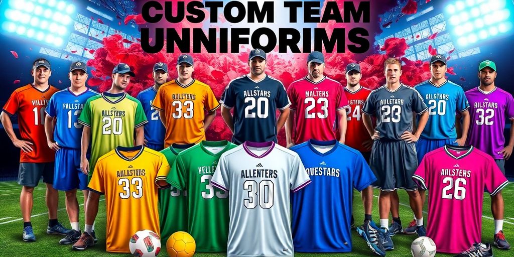 Athletes in custom team uniforms playing sports.