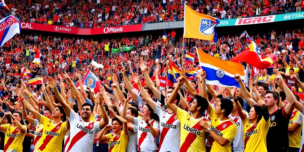 Fans celebrating in an MLS stadium during a match.