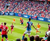 Players in colorful jerseys during an exciting soccer match.