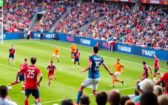 Players in colorful jerseys during an exciting soccer match.