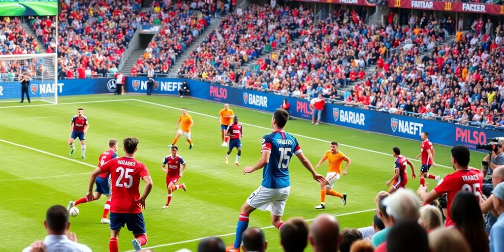 Players in colorful jerseys during an exciting soccer match.