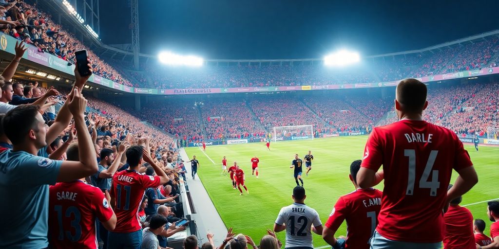 Exciting soccer match with fans and players in action.