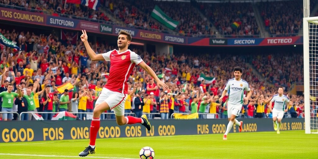 Soccer players celebrating a goal with fans in background.