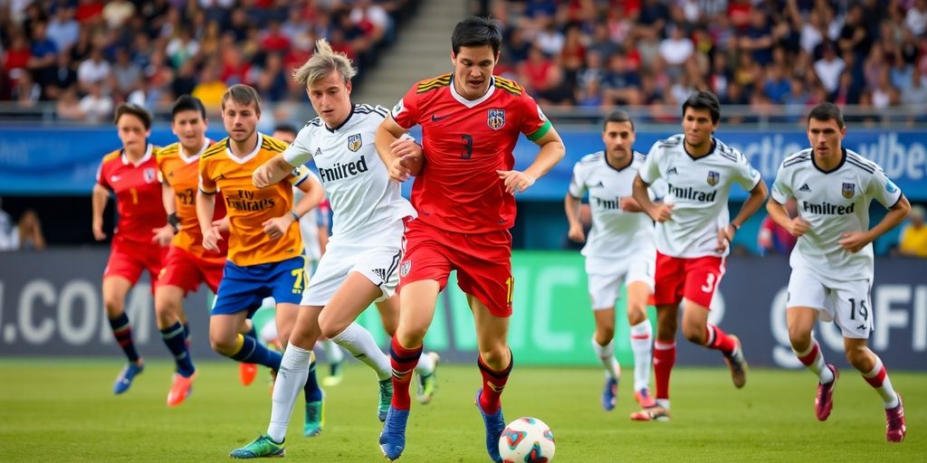 Professional soccer players in action on the field.