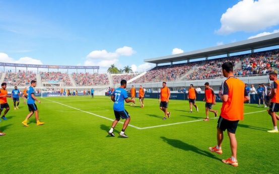 Inter Miami players training during preseason with fans.