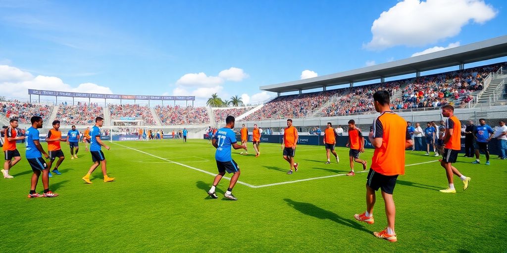 Inter Miami players training during preseason with fans.