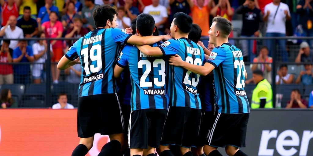 Inter Miami players celebrate a goal in preseason match.