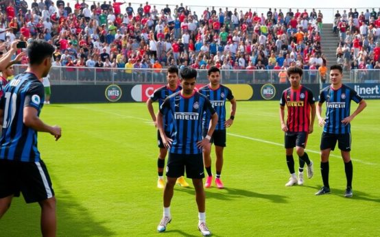 Inter Miami players training with fans in the background.