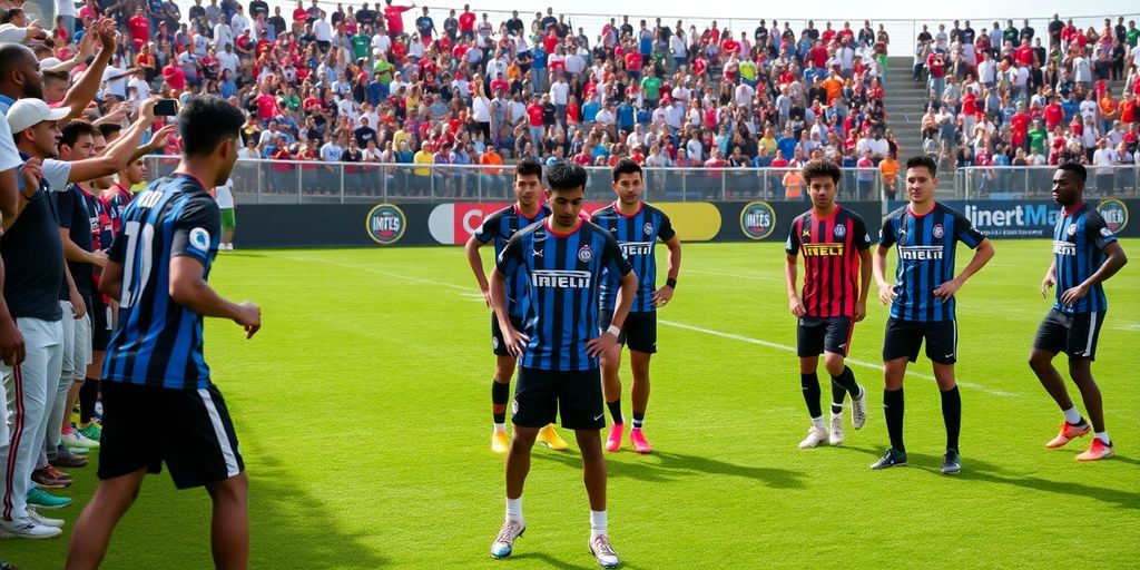 Inter Miami players training with fans in the background.