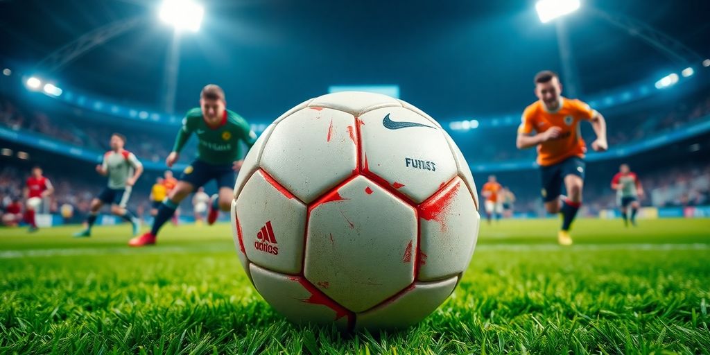 Soccer ball on a field with players in motion.