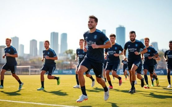 San Diego FC players training with the city skyline behind them.