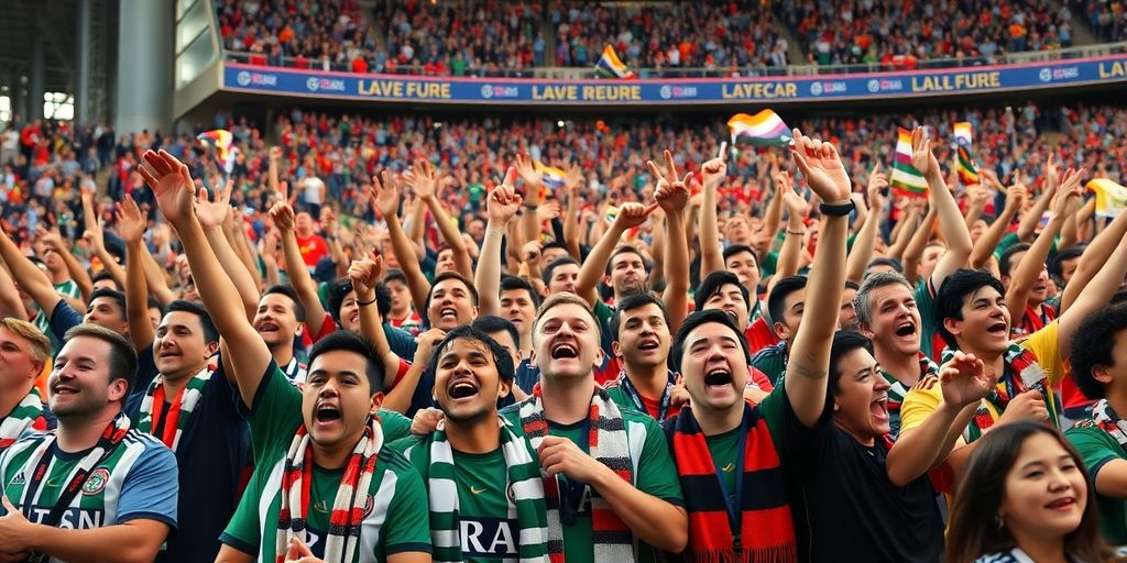 Soccer fans cheering passionately in a stadium.