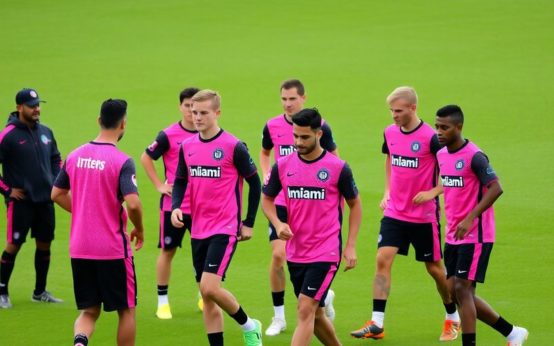 Inter Miami players training in their pink and black uniforms.