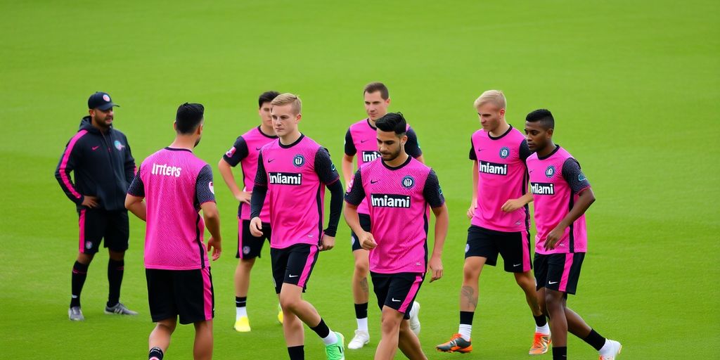 Inter Miami players training in their pink and black uniforms.